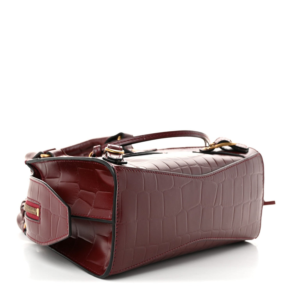 Balenciaga Semi Shiny Calfskin Crocodile Embossed Neo Classic Gold Hardware Mini City Dark Red