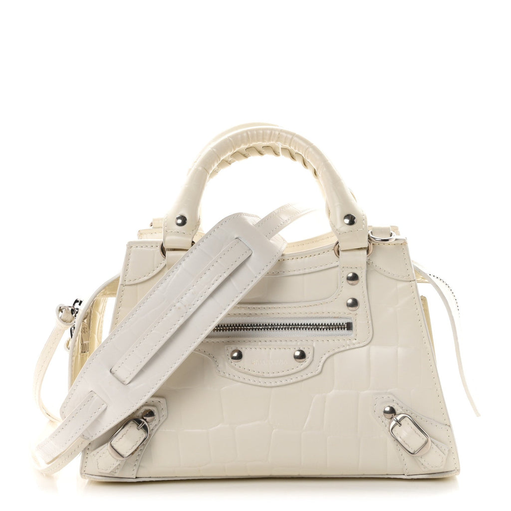 Balenciaga Semi Shiny Calfskin Crocodile Embossed Neo Classic Silver Hardware Mini City White