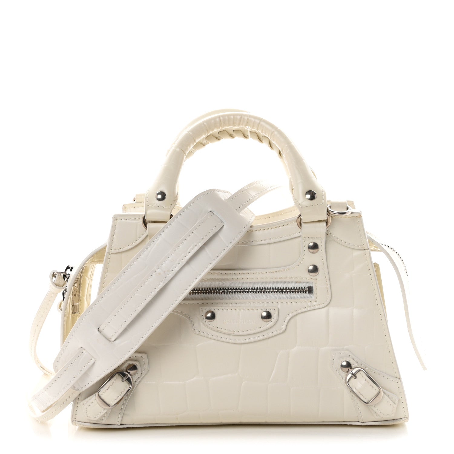 Balenciaga Semi Shiny Calfskin Crocodile Embossed Neo Classic Silver Hardware Mini City White