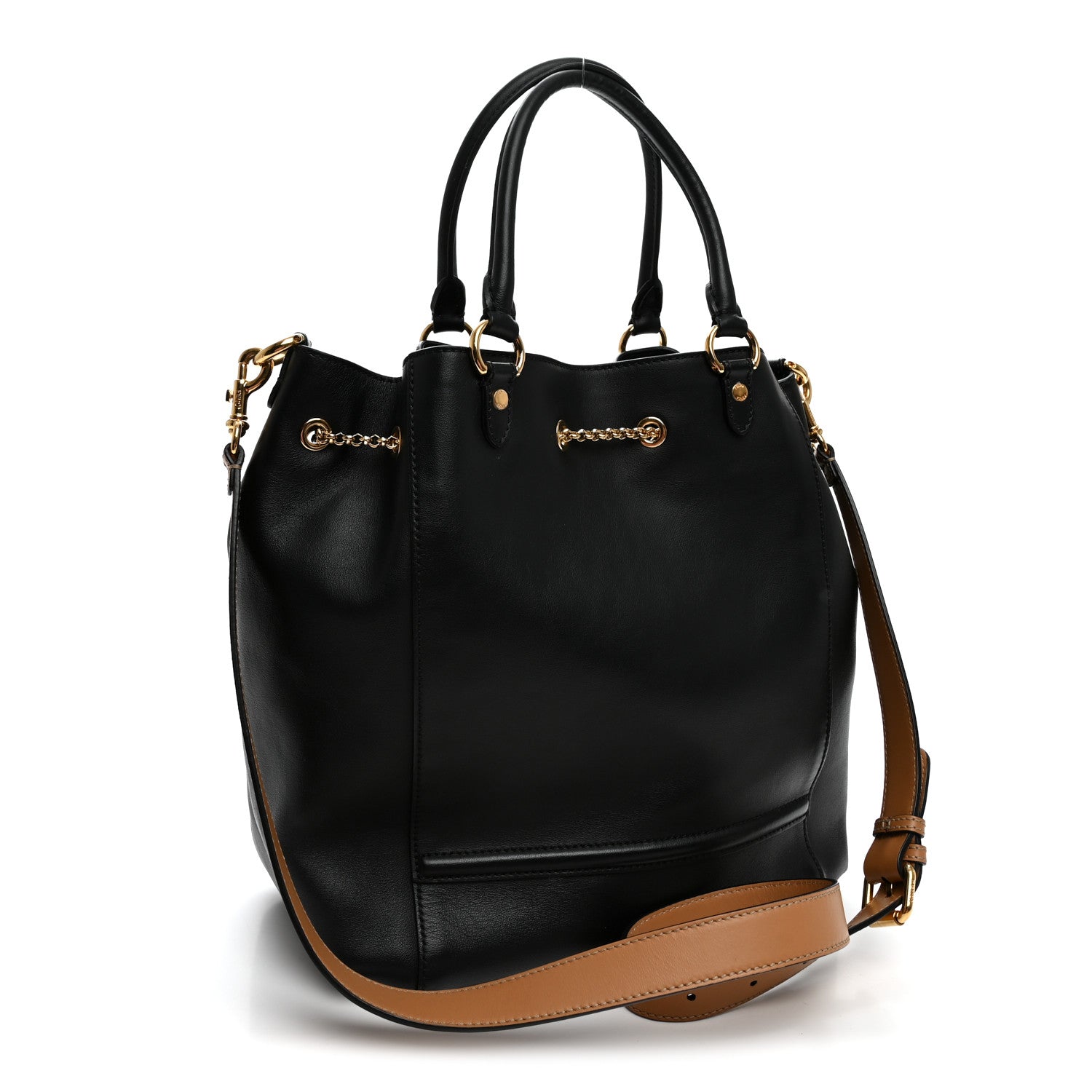 Fendi Vitello Grace King Karligraphy Chain Bucket Bag Black Bisquit