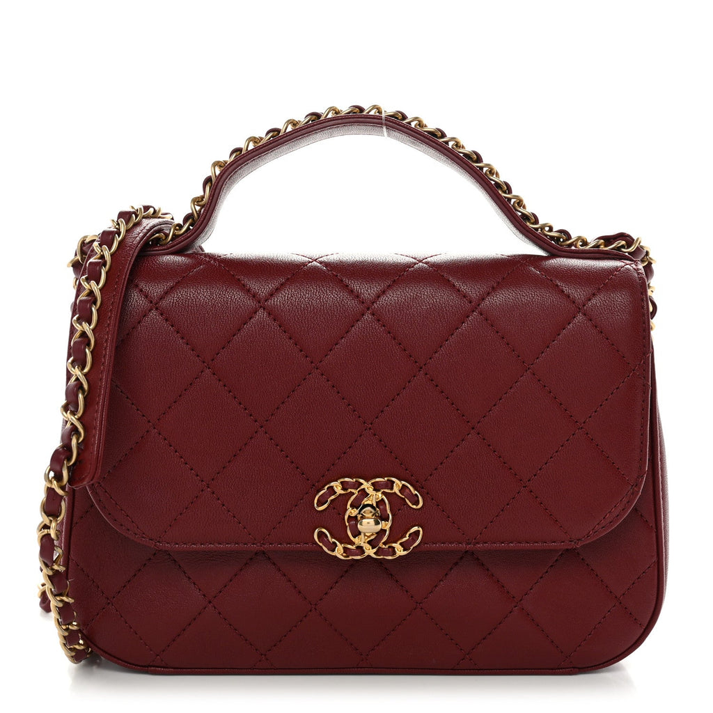 Chanel Lambskin Quilted Chain Infinity Top Handle Flap Burgundy