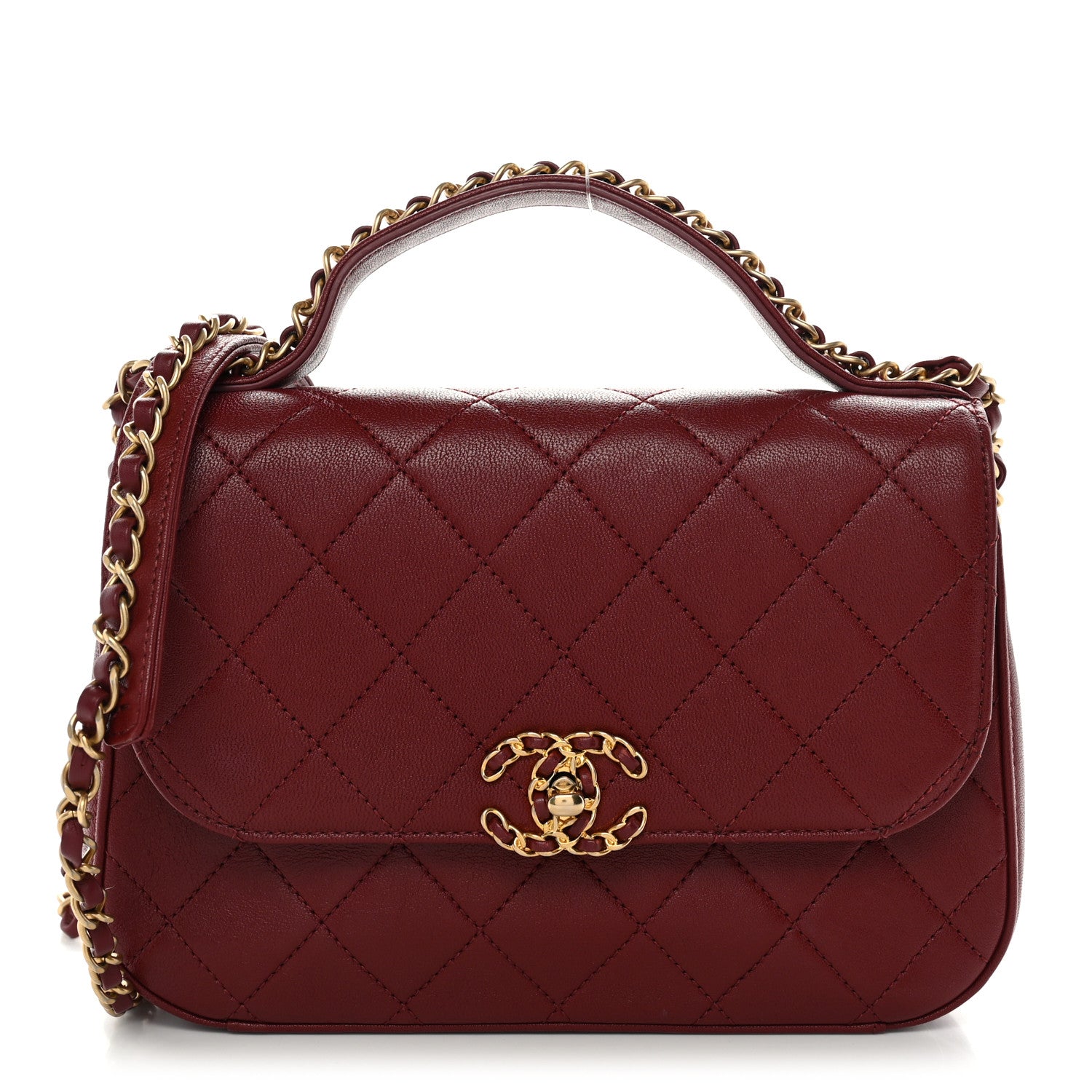 Chanel Lambskin Quilted Chain Infinity Top Handle Flap Burgundy