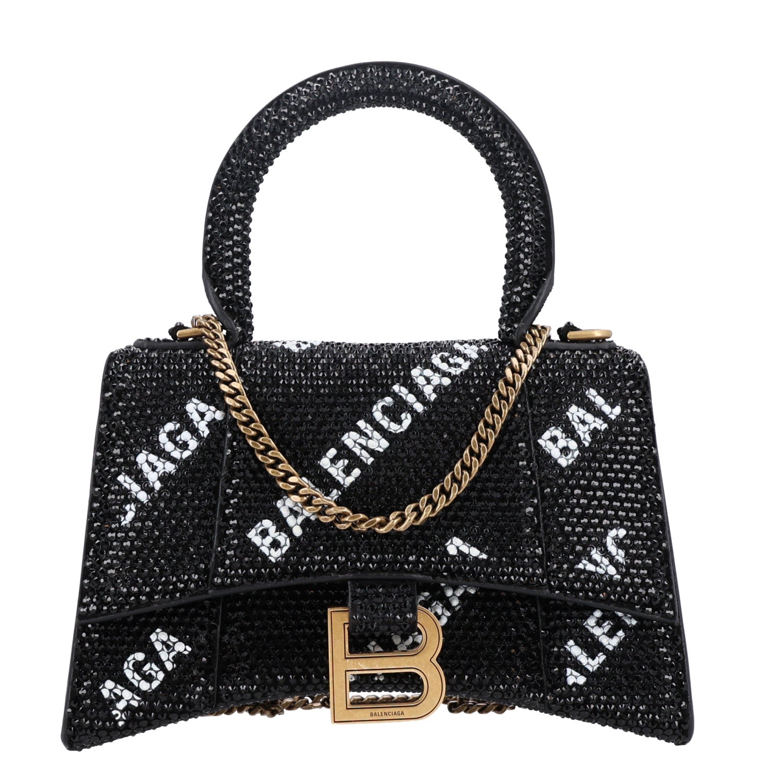 Balenciaga Strass Suede Allover Logo Hourglass Top Handle Bag XS with Chain Black White