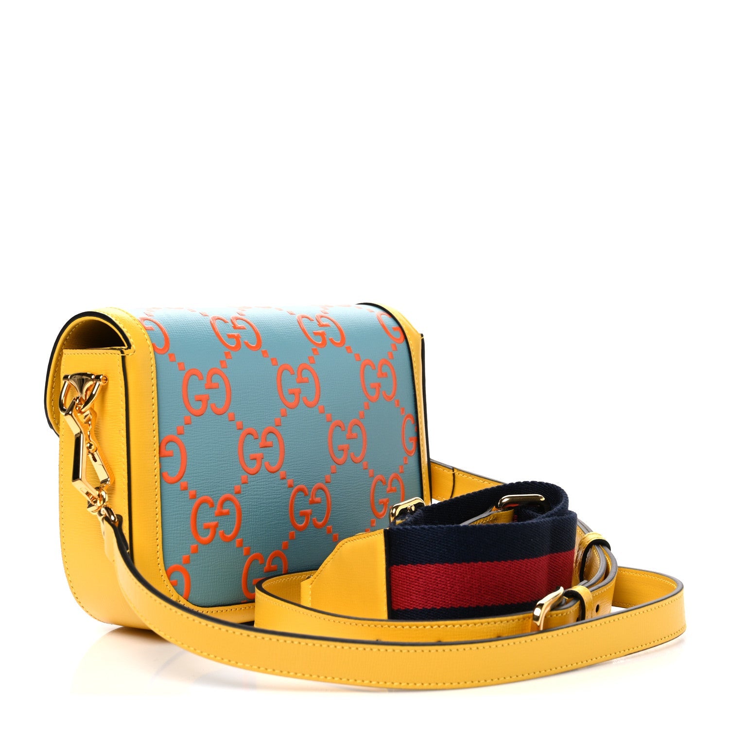 Gucci Azalea Calfskin GG Monogram Bi-Color Debossed Horsebit 1955 Shoulder Bag Dusty Azure Stone Topaz Deep Orange