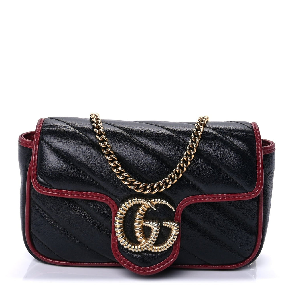 Gucci Vintage Effect Calfskin Matelasse Diagonal Super Mini Torchon GG Marmont Shoulder Bag Black Romantic Cherry