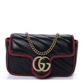 Gucci Vintage Effect Calfskin Matelasse Diagonal Super Mini Torchon GG Marmont Shoulder Bag Black Romantic Cherry