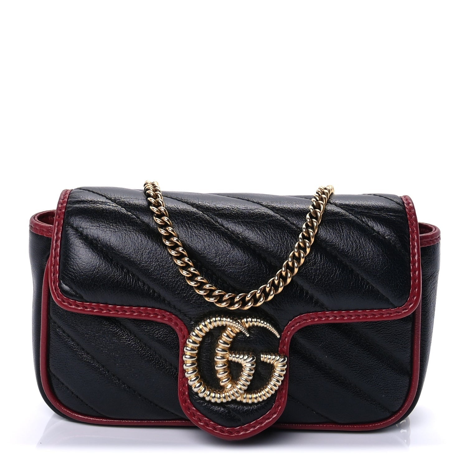 Gucci Vintage Effect Calfskin Matelasse Diagonal Super Mini Torchon GG Marmont Shoulder Bag Black Romantic Cherry