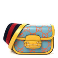 Gucci Azalea Calfskin GG Monogram Bi-Color Debossed Mini Horsebit 1955 Shoulder Bag Dusty Azure Stone Topaz Deep Orange