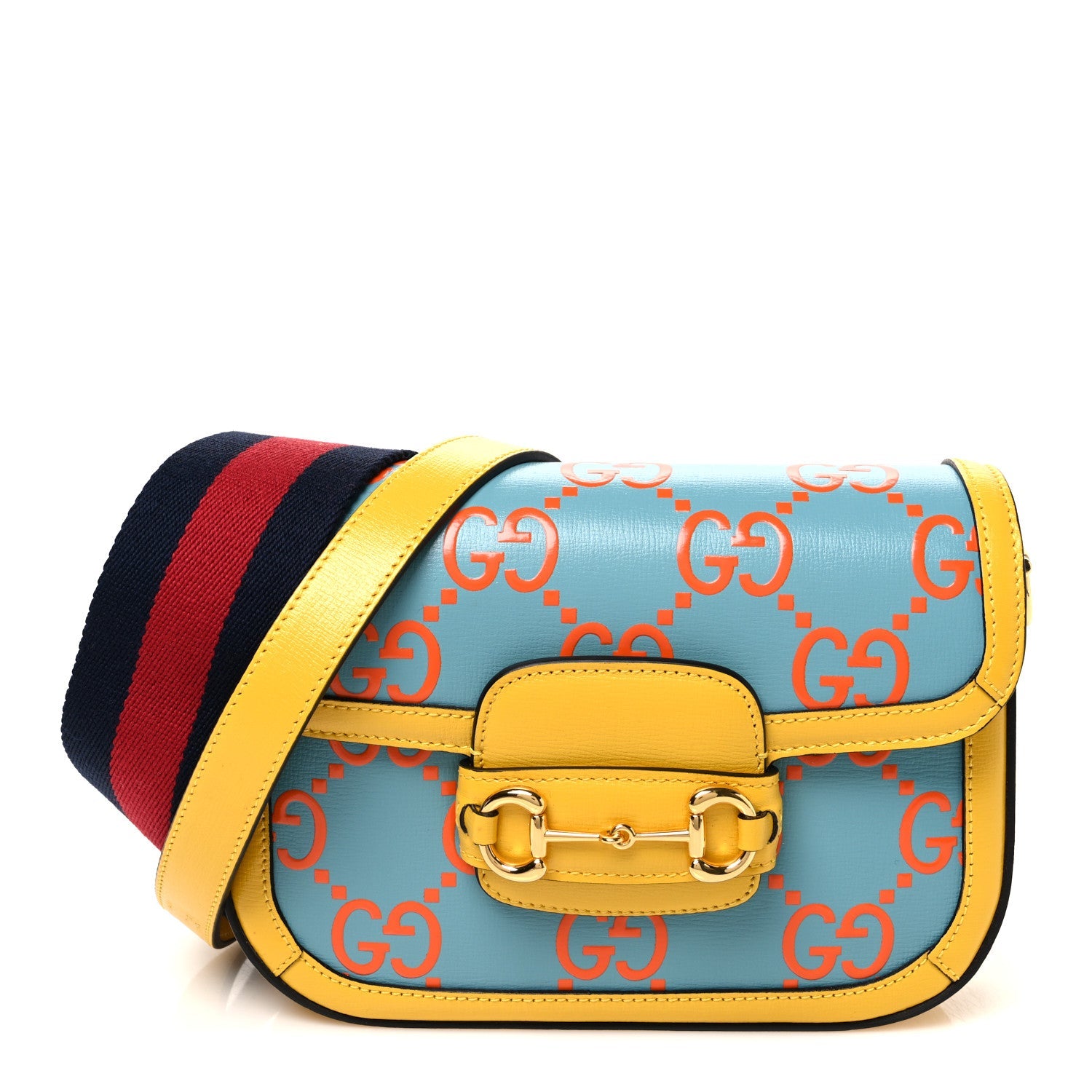 Gucci Azalea Calfskin GG Monogram Bi-Color Debossed Mini Horsebit 1955 Shoulder Bag Dusty Azure Stone Topaz Deep Orange