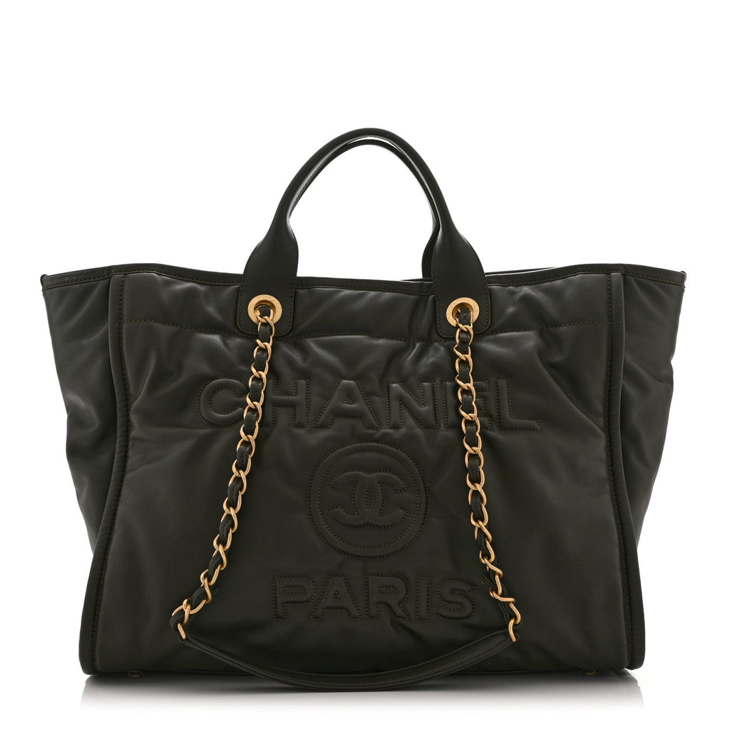Chanel Calfskin Embossed Medium Deauville Tote Khaki