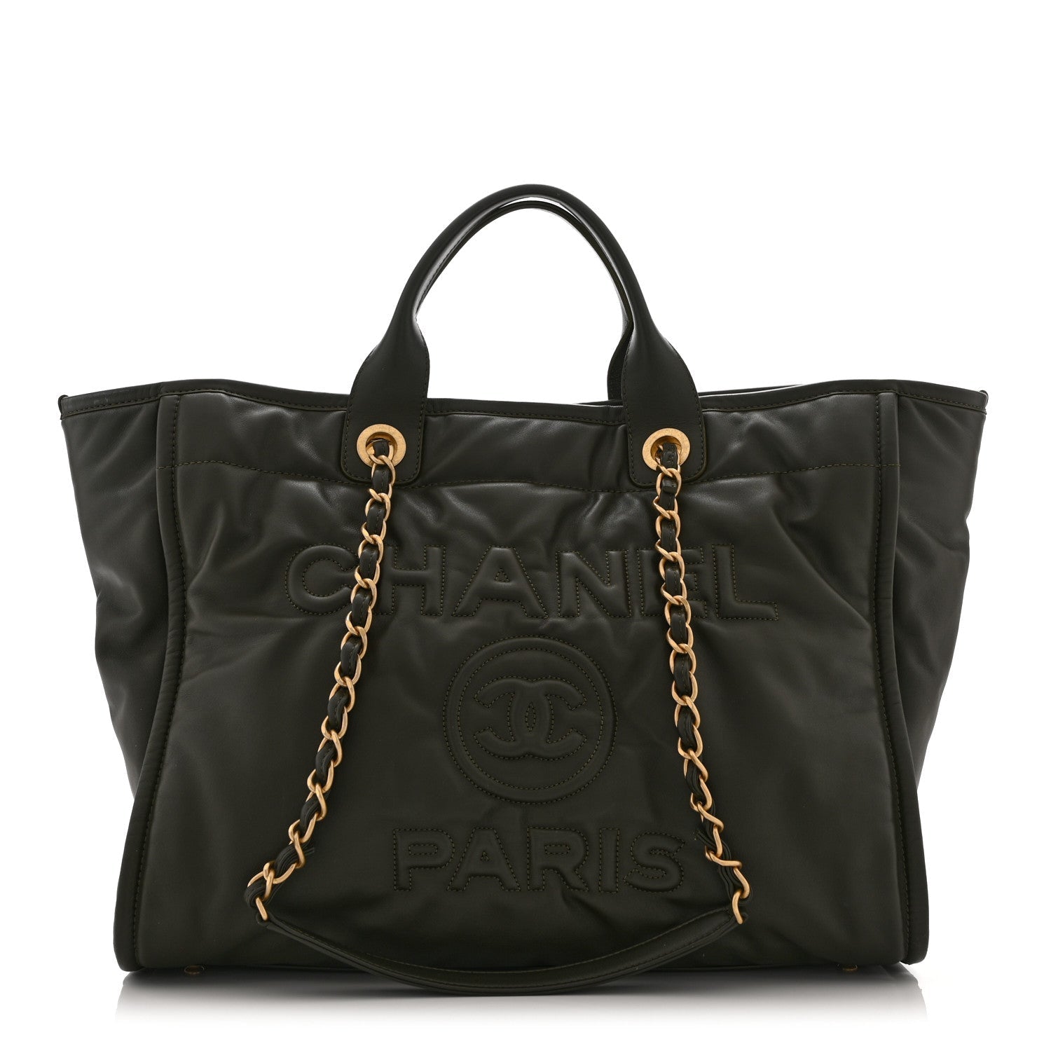 Chanel Calfskin Embossed Medium Deauville Tote Khaki