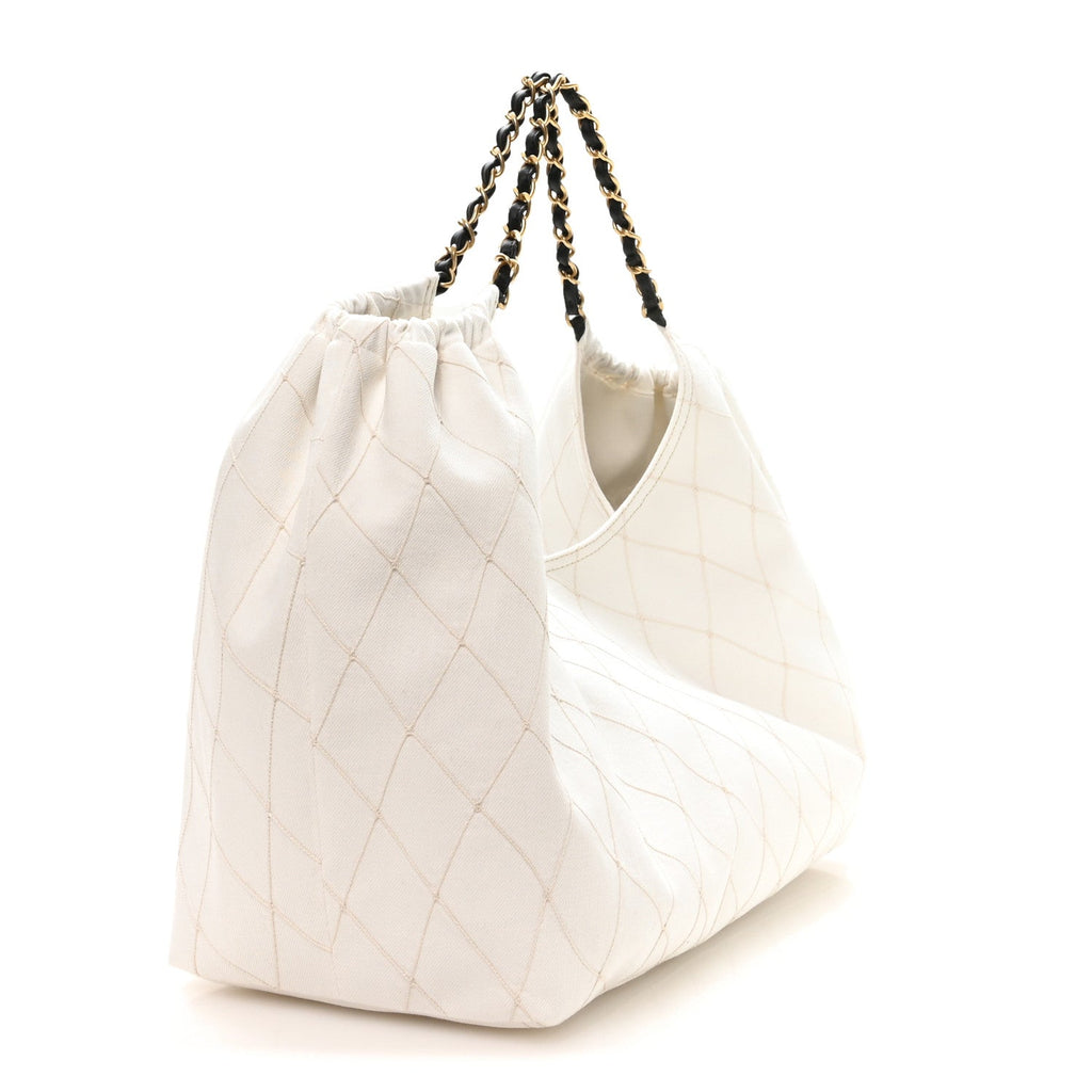 Chanel Denim Calfskin Quilted Coco Beach Small Shopping Tote White Black