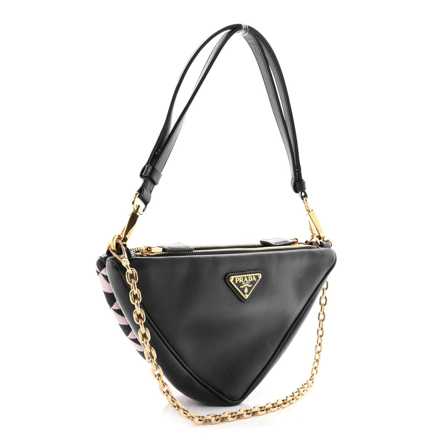 Prada Jacquard Calfskin Triangolo Symbole Embroidered Mini Triangle Double Bag Black Alabastro