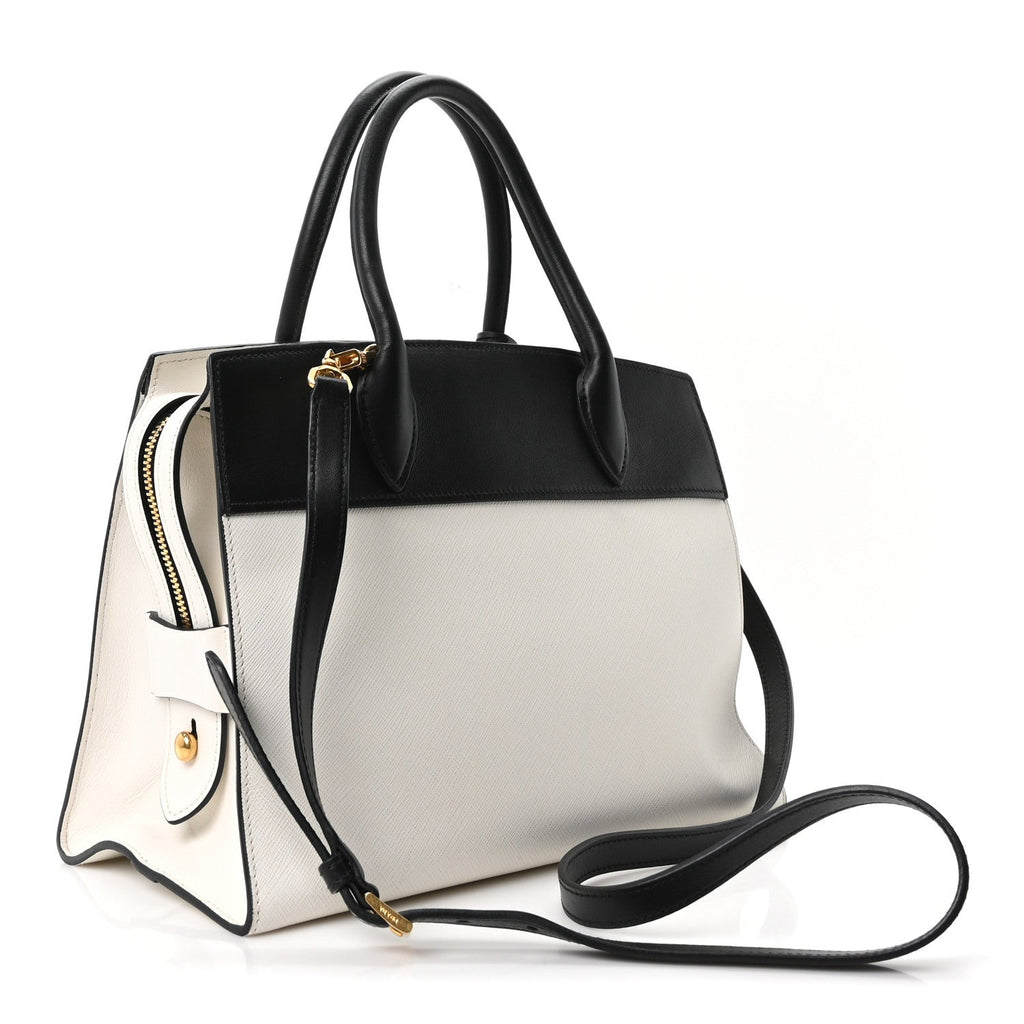 Prada Saffiano City Calfskin Medium Esplanade White Black