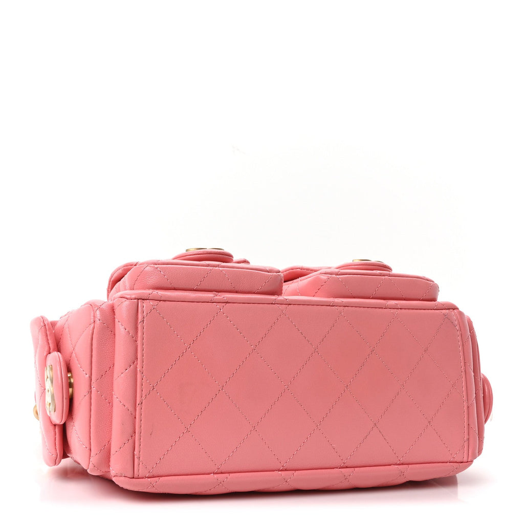 Chanel Shiny Lambskin Quilted Trendy Pockets Hobo Coral Pink