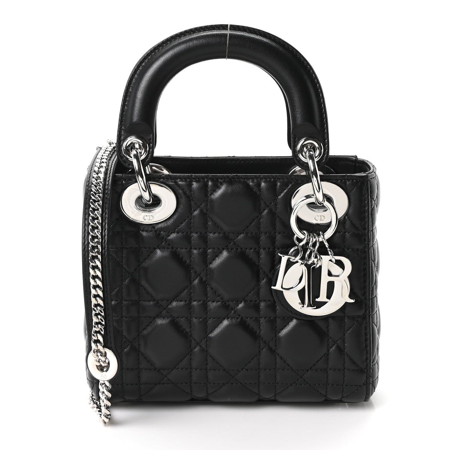 Front view — Dior Lady Dior Mini Bag in black lambskin cannage with silver-tone DIOR letter charms and chain-and-leather shoulder strap