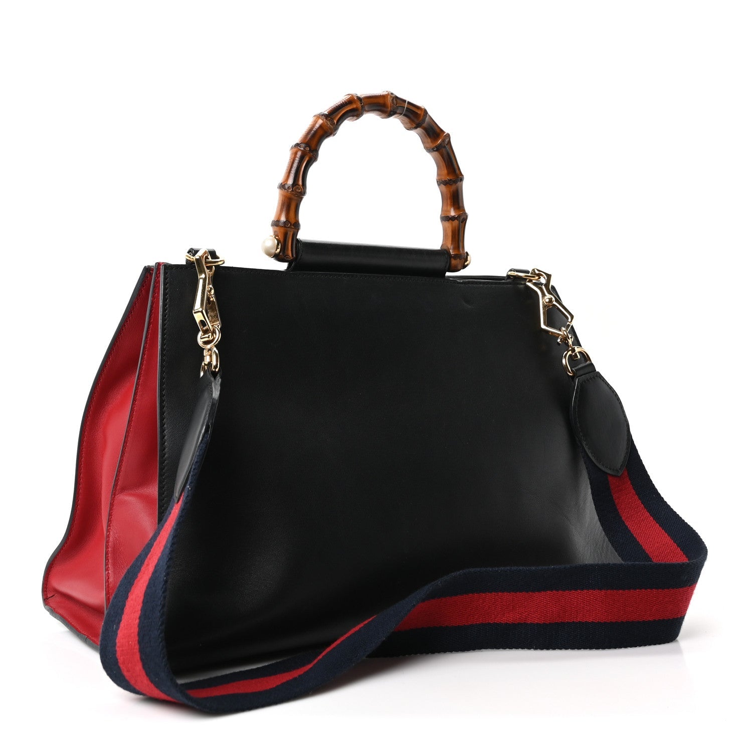 Gucci Nappa Bamboo Web Medium Nymphaea Top Handle Bag Black