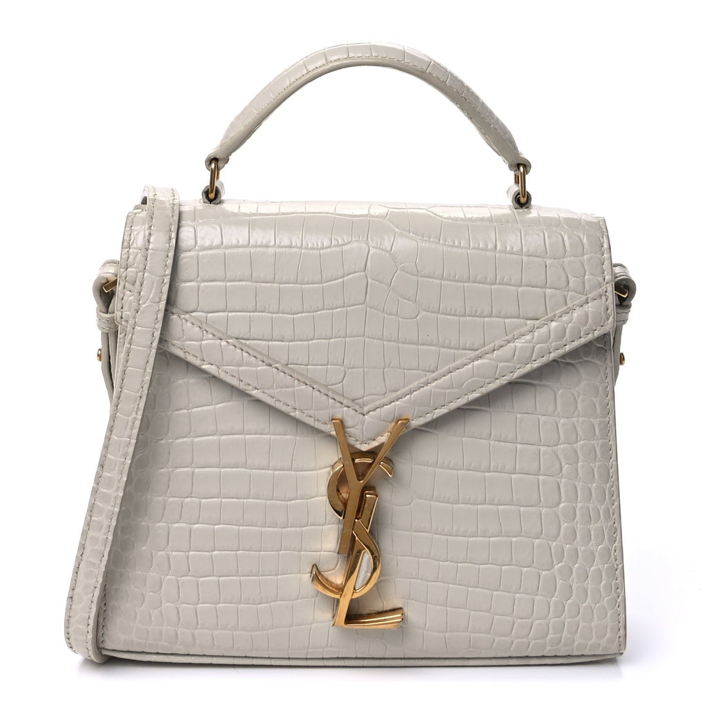 Saint Laurent Crocodile Embossed Mini Classic Monogram Cassandra Top Handle Crema Soft