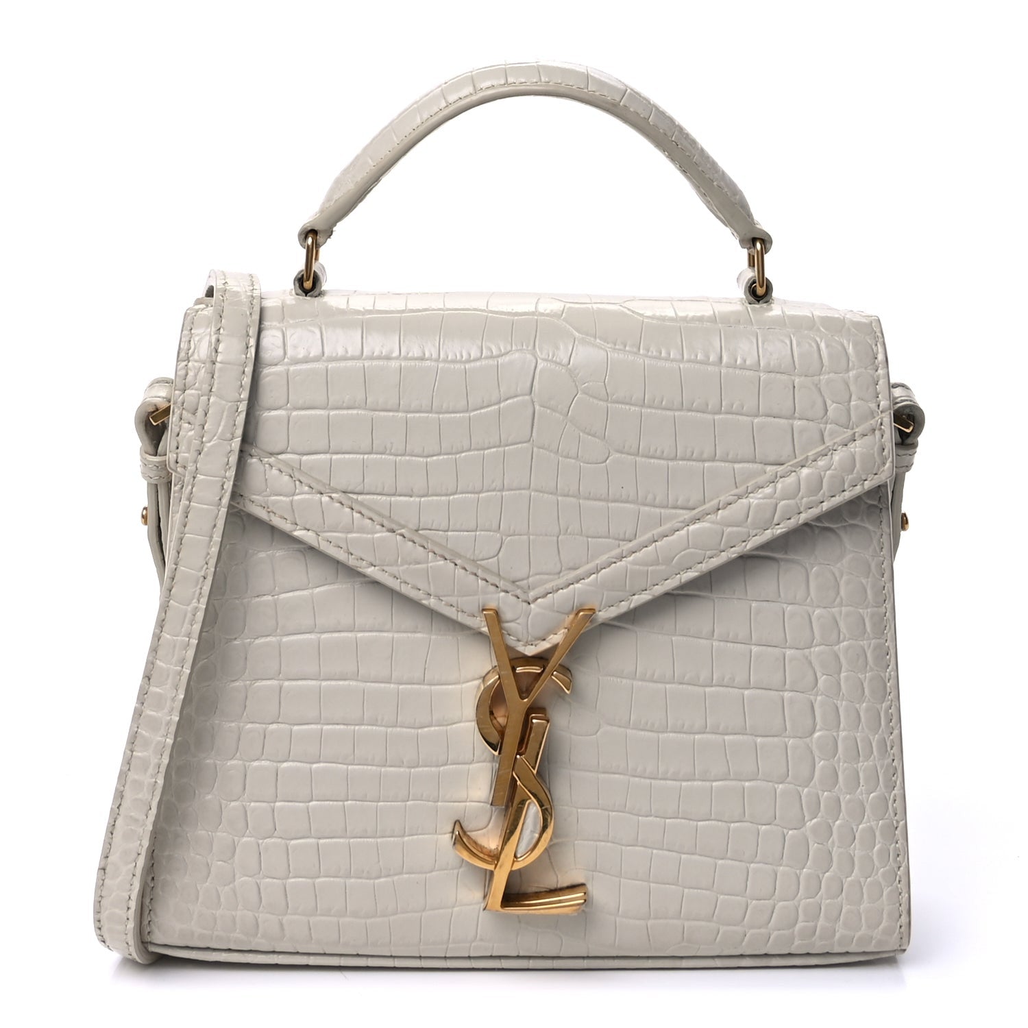 Saint Laurent Crocodile Embossed Mini Classic Monogram Cassandra Top Handle Crema Soft