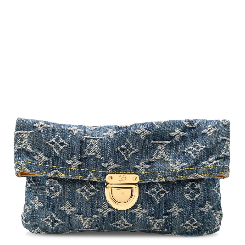 Louis Vuitton Monogram Denim Pochette Plat Clutch Blue front view