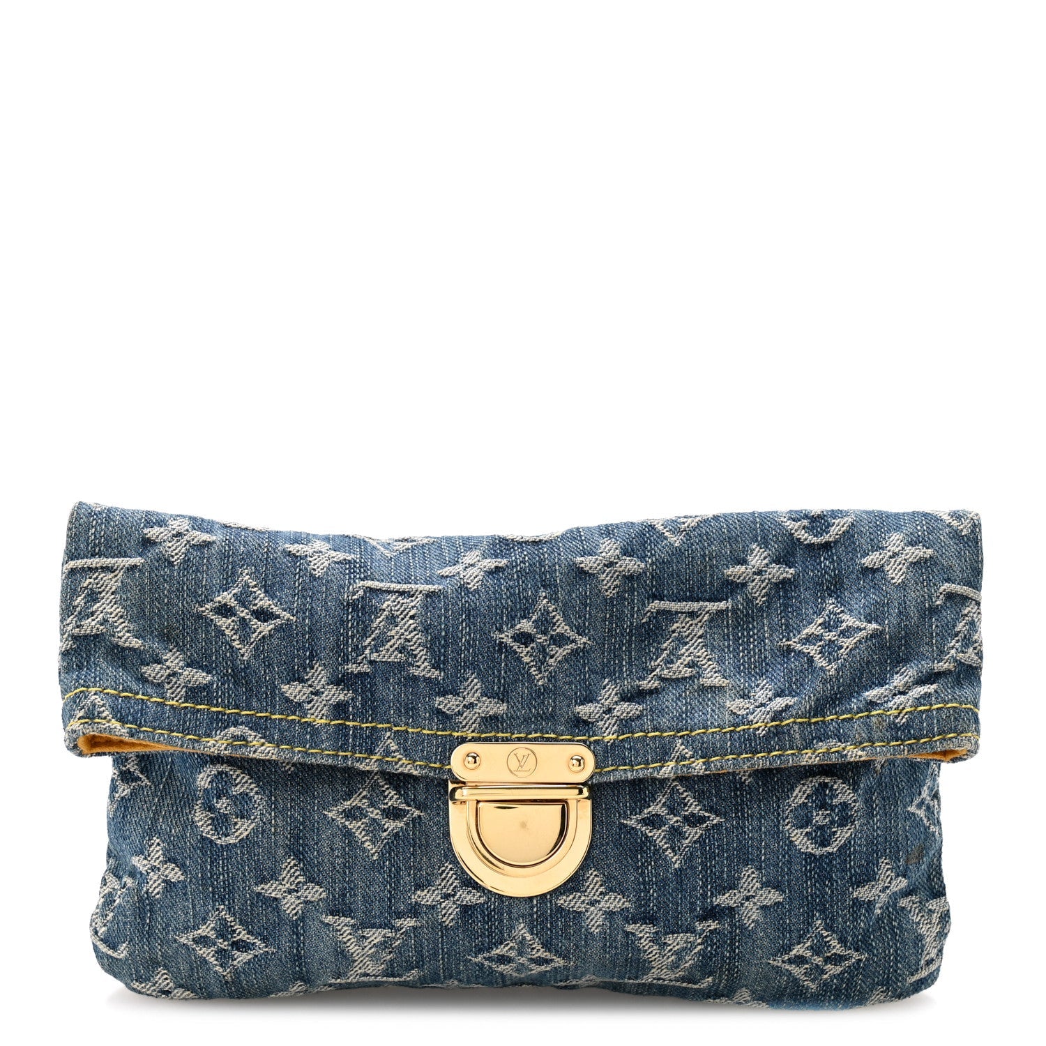 Louis Vuitton Monogram Denim Pochette Plat Clutch Blue front view