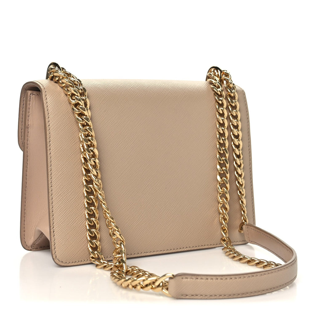 Prada Saffiano Soft Calfskin Metal Triangle Logo Envelope Chain Shoulder Bag Cammeo