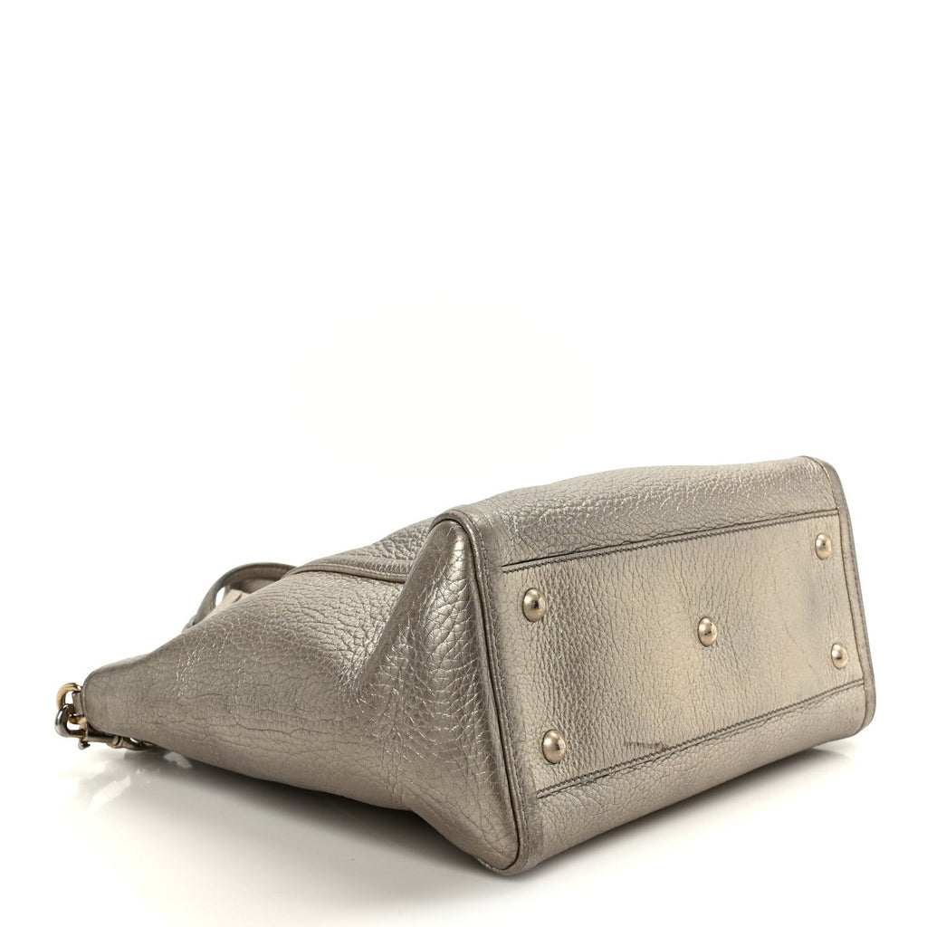 Gucci Metallic Pebbled Calfskin Small Soho Top Handle Bag Golden Beige