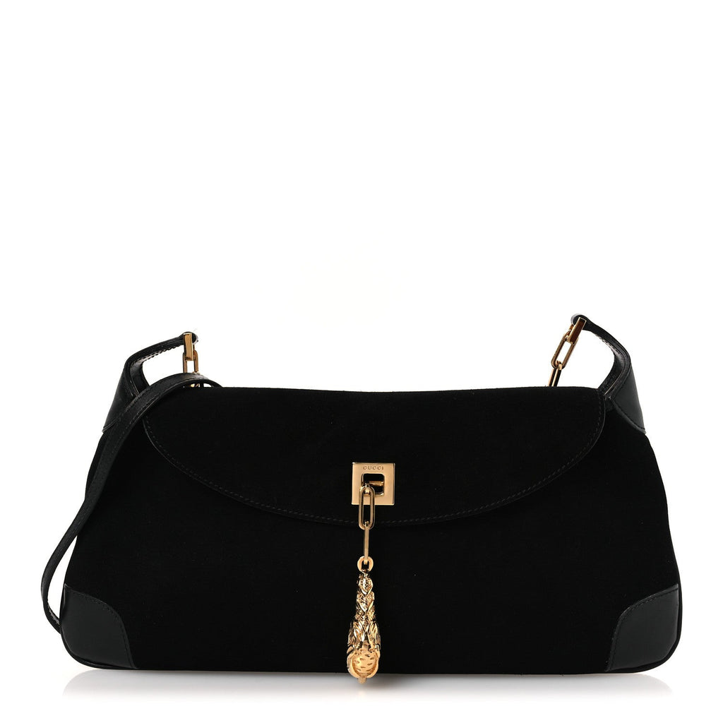 Gucci Suede Tiger Head Shoulder Bag Black