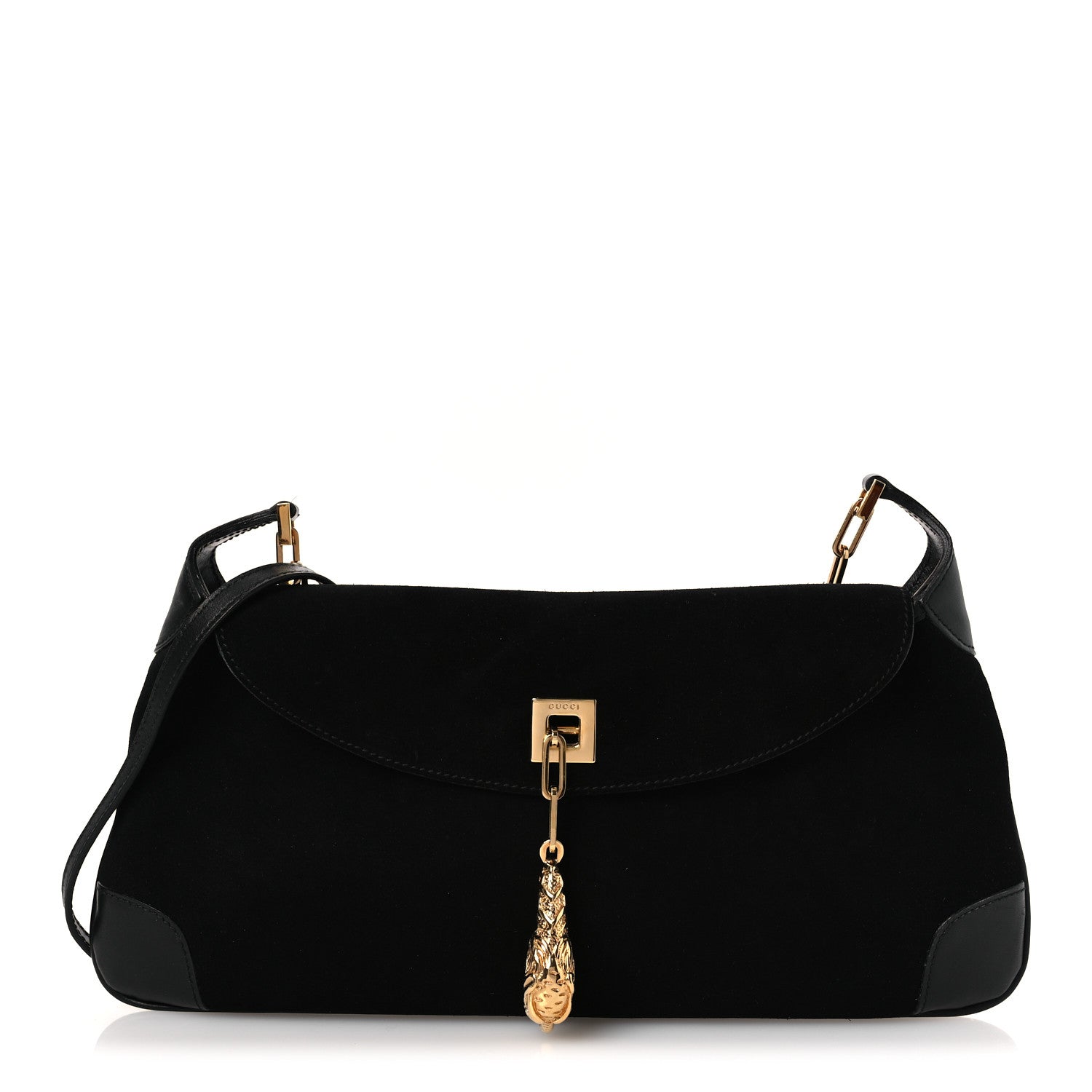 Gucci Suede Tiger Head Shoulder Bag Black