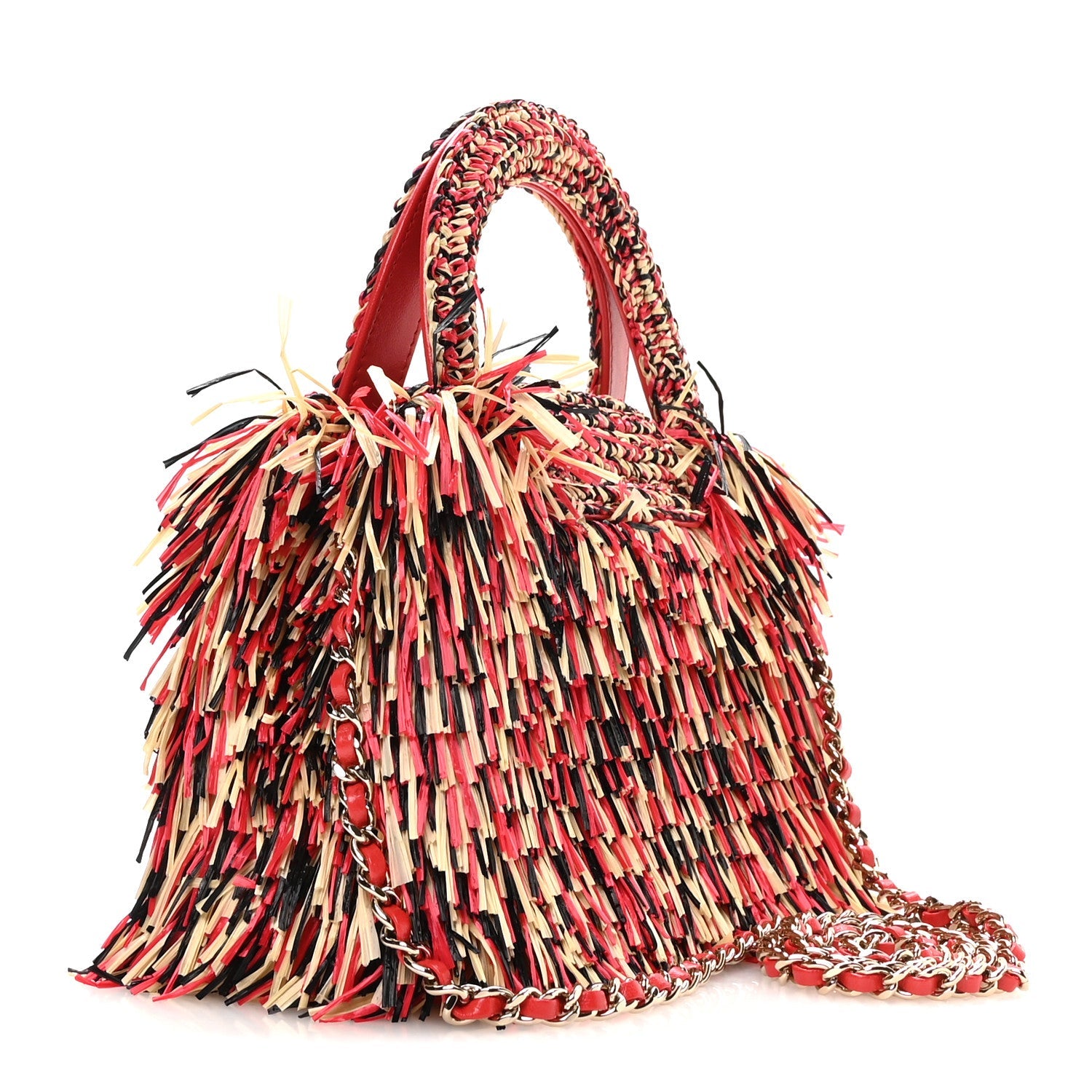 Chanel Raffia Fringe Nano Kelly Shopper Red Beige Black