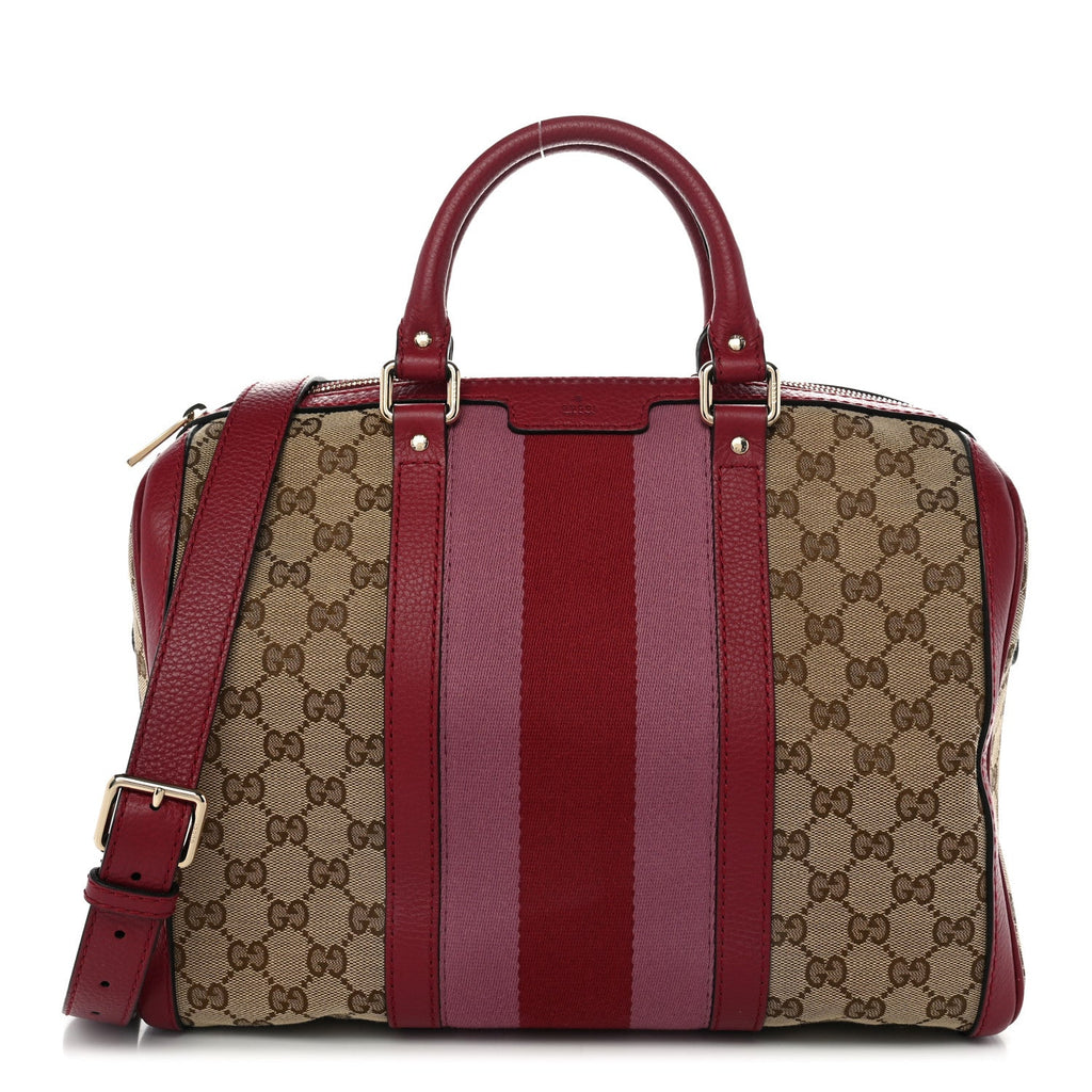 Gucci Monogram Cellarius Calfskin Vintage Web Medium Boston Beige Ebony Soft Burgundy Peonia Flower