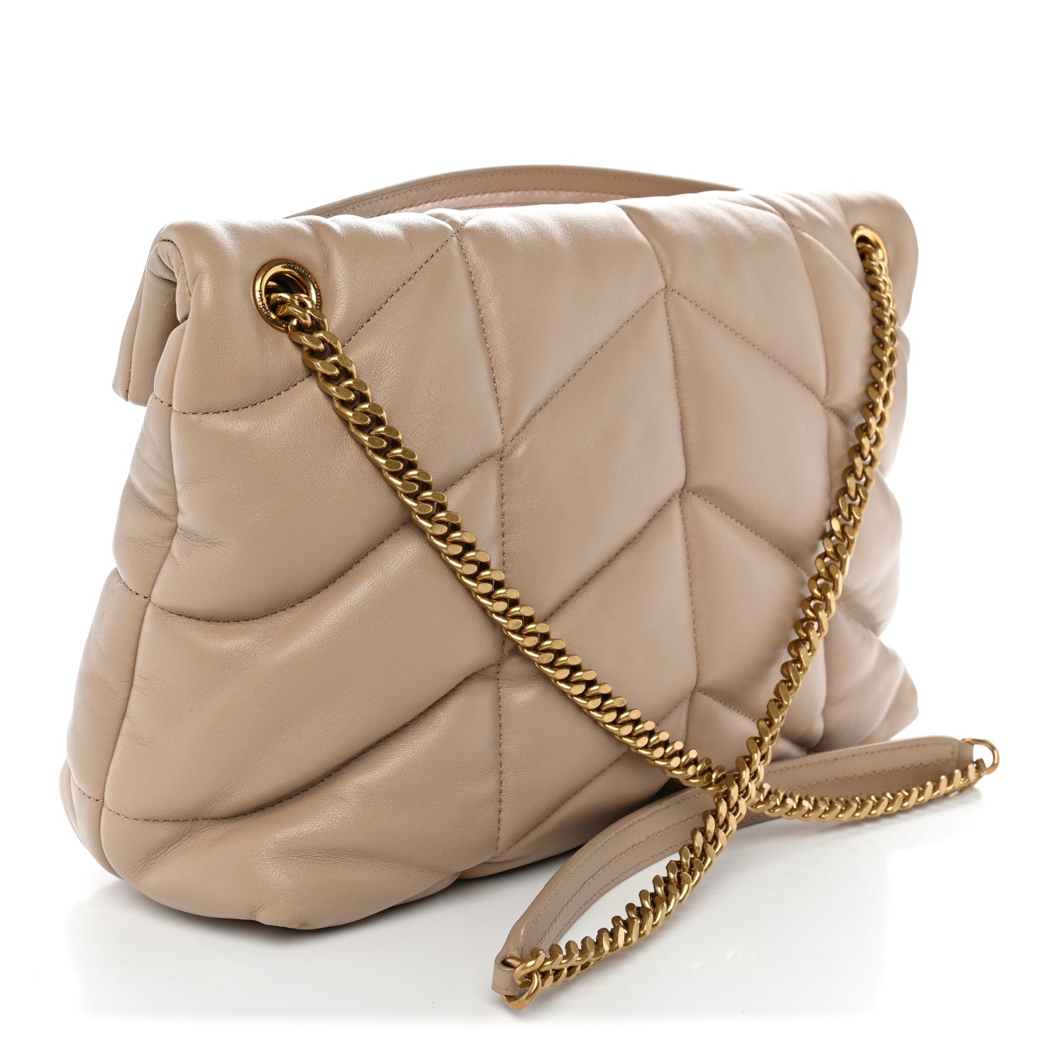 Saint Laurent Lambskin Quilted Medium Loulou Puffer Monogram Chain Satchel Dark Beige