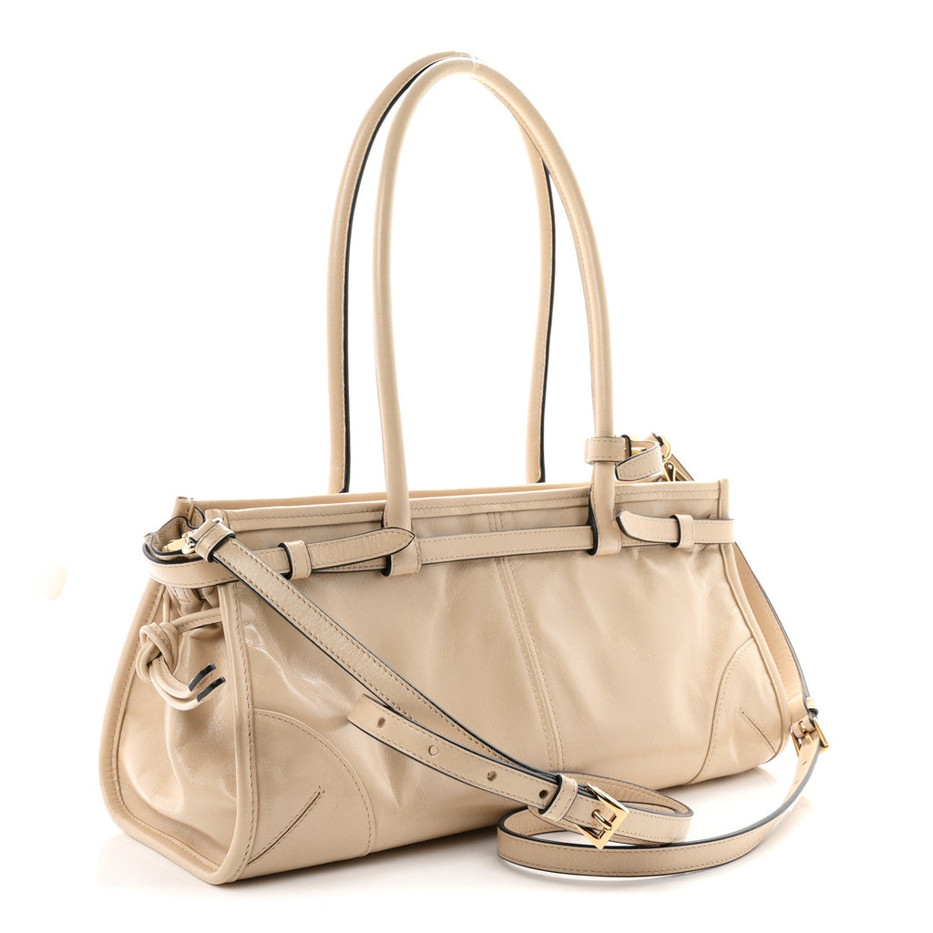 Prada Glossy Calfskin Triangle Medium Bonnie Shoulder Bag Travertine
