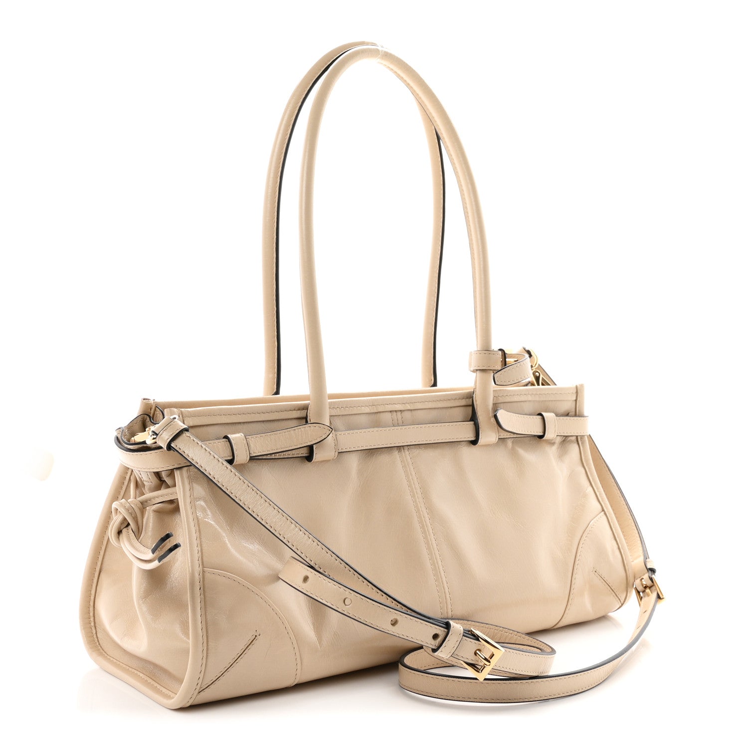 Prada Glossy Calfskin Triangle Medium Bonnie Shoulder Bag Travertine