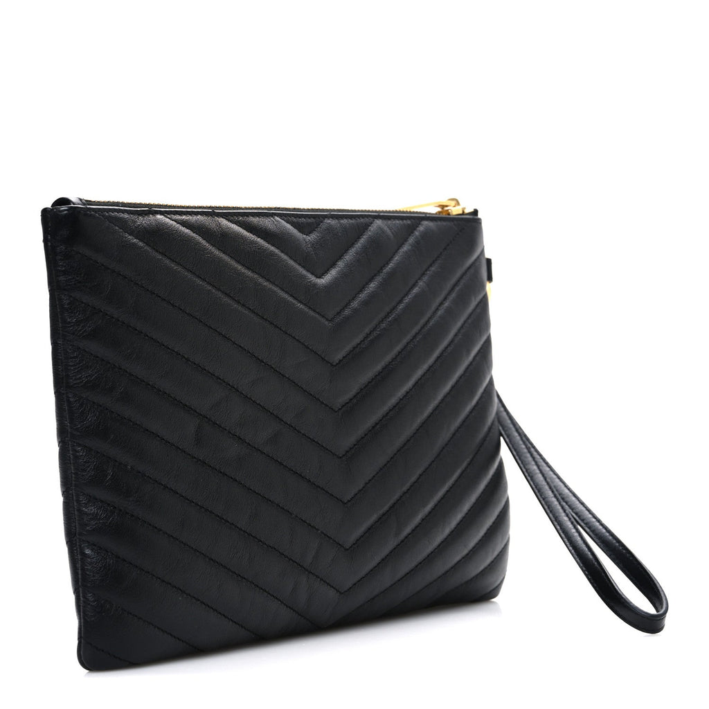 Saint Laurent Calfskin Matelasse Chevron Monogram A5 Wristlet Black