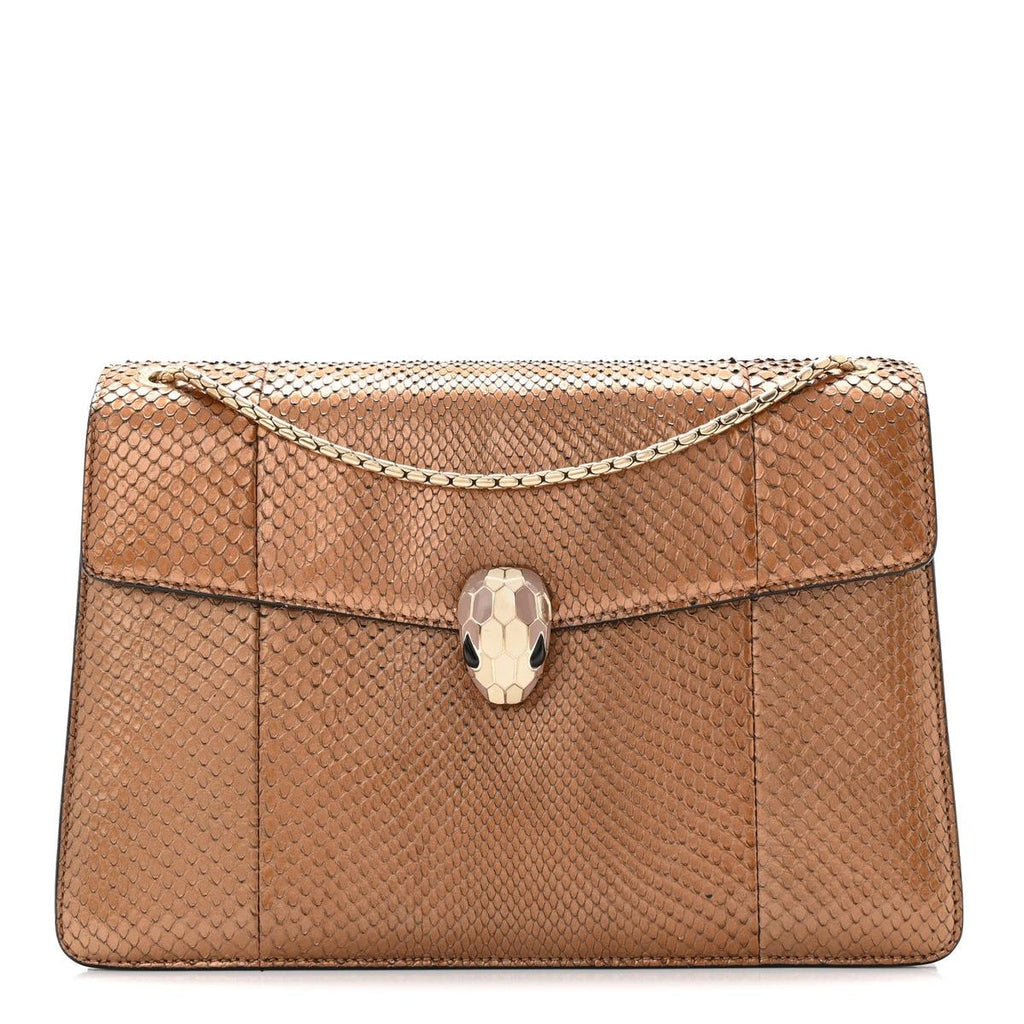 Front view of Bvlgari Serpenti Forever medium shoulder bag in gold metallic snakeskin