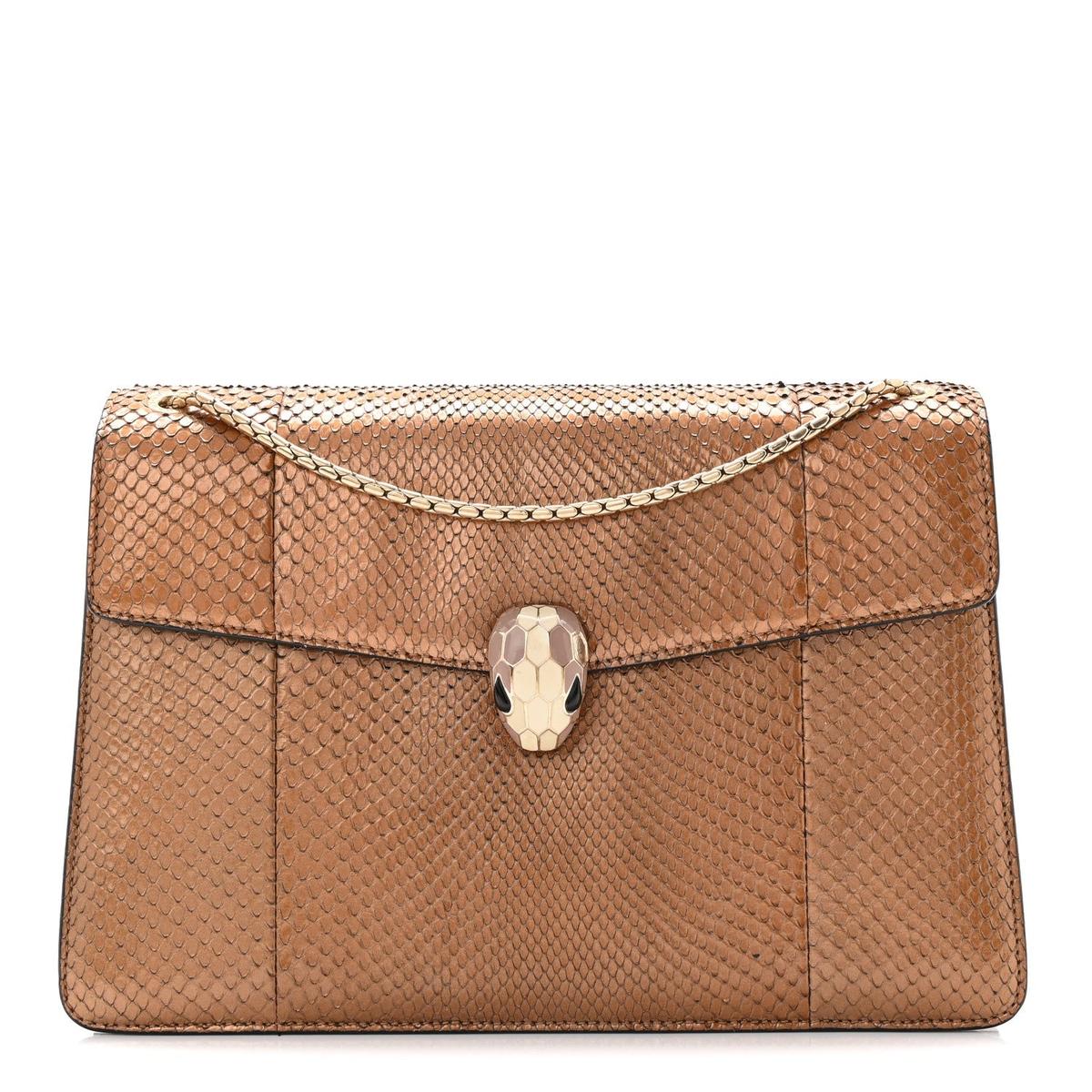 Front view of Bvlgari Serpenti Forever medium shoulder bag in gold metallic snakeskin