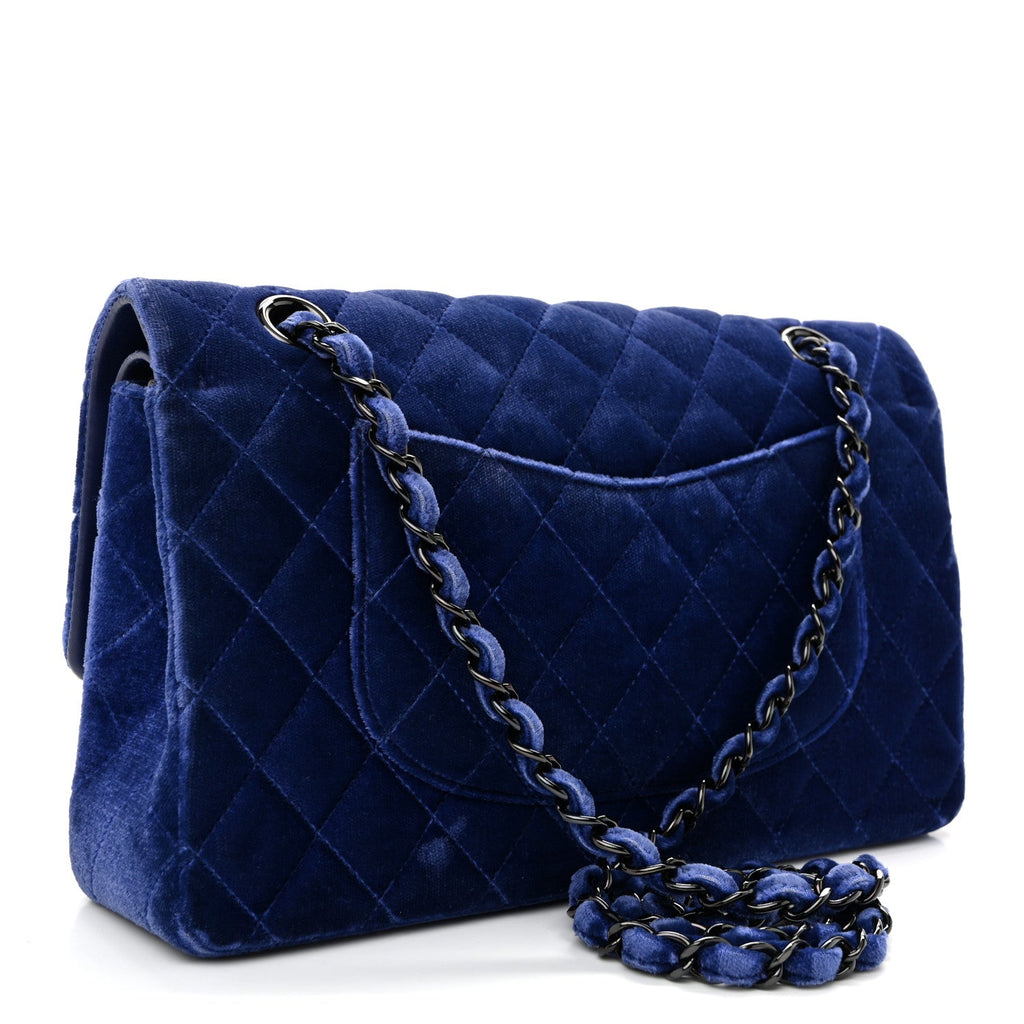 Chanel Velvet Quilted Medium Double Flap Navy Blue