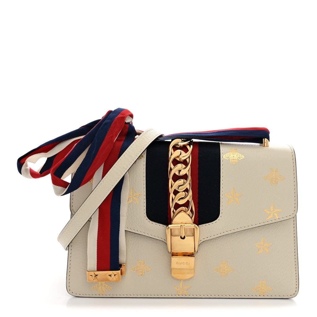 Gucci Textured Calfskin Bee Star Print Small Sylvie Shoulder Bag Mystic White