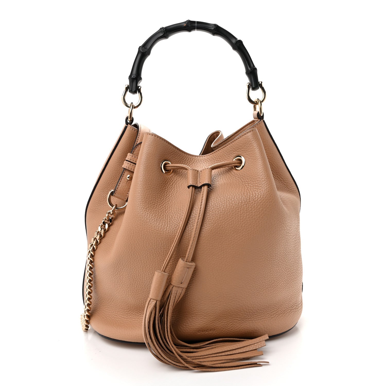 Gucci Pebbled Calfskin Miss Bamboo Bucket Bag Camelia