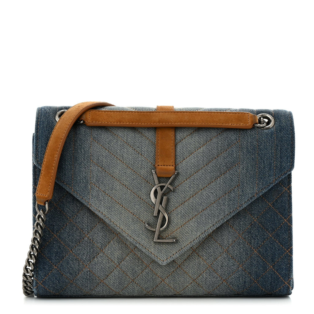 Saint Laurent Denim Mixed Matelasse Triquilt Medium Monogram Envelope Satchel Blue