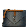 Saint Laurent Denim Mixed Matelasse Triquilt Medium Monogram Envelope Satchel Blue