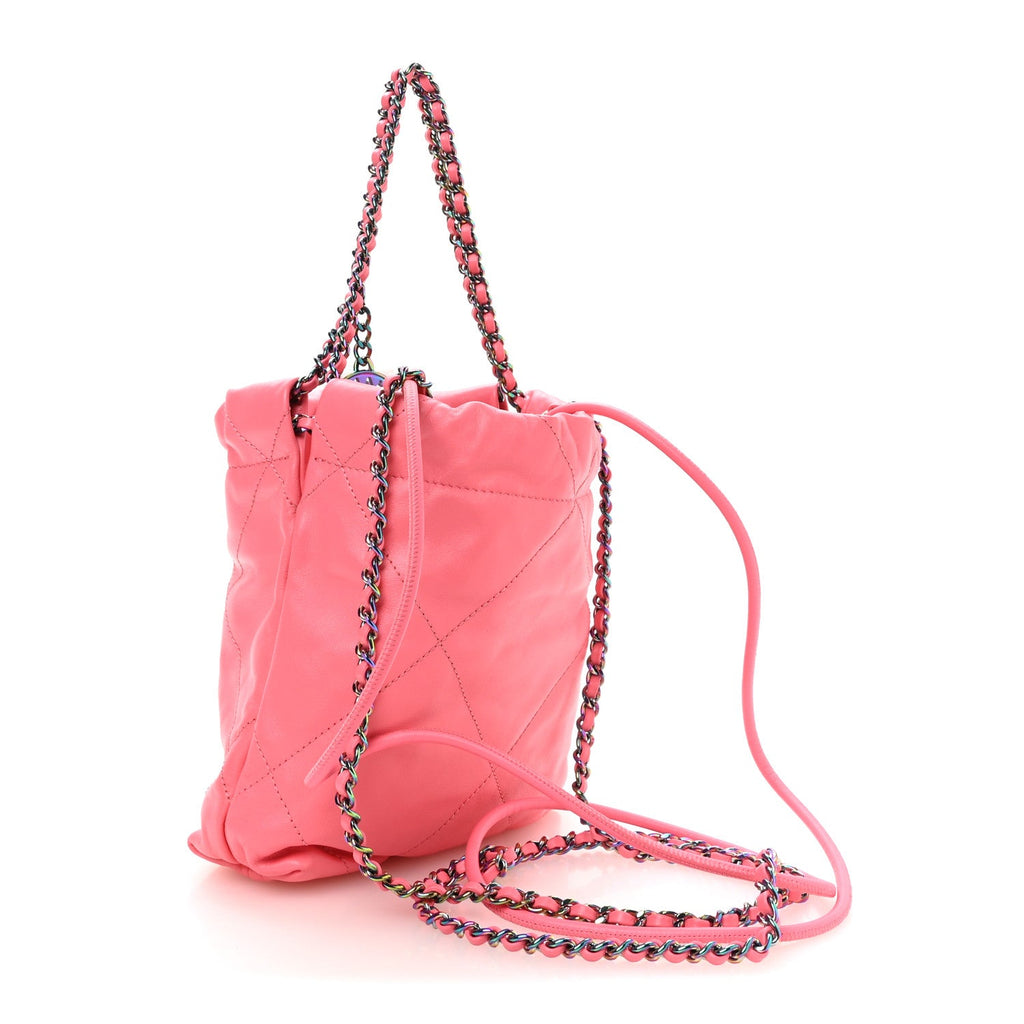 Chanel Shiny Calfskin Quilted Rainbow Metal Mini Chanel 22 Coral Pink