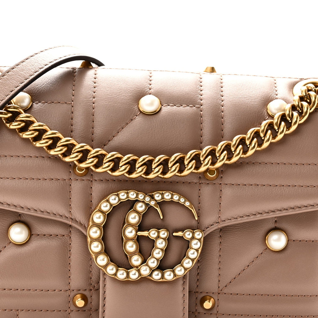 Gucci Calfskin Matelasse Studded Small Pearly GG Marmont Shoulder Bag Porcelain Rose