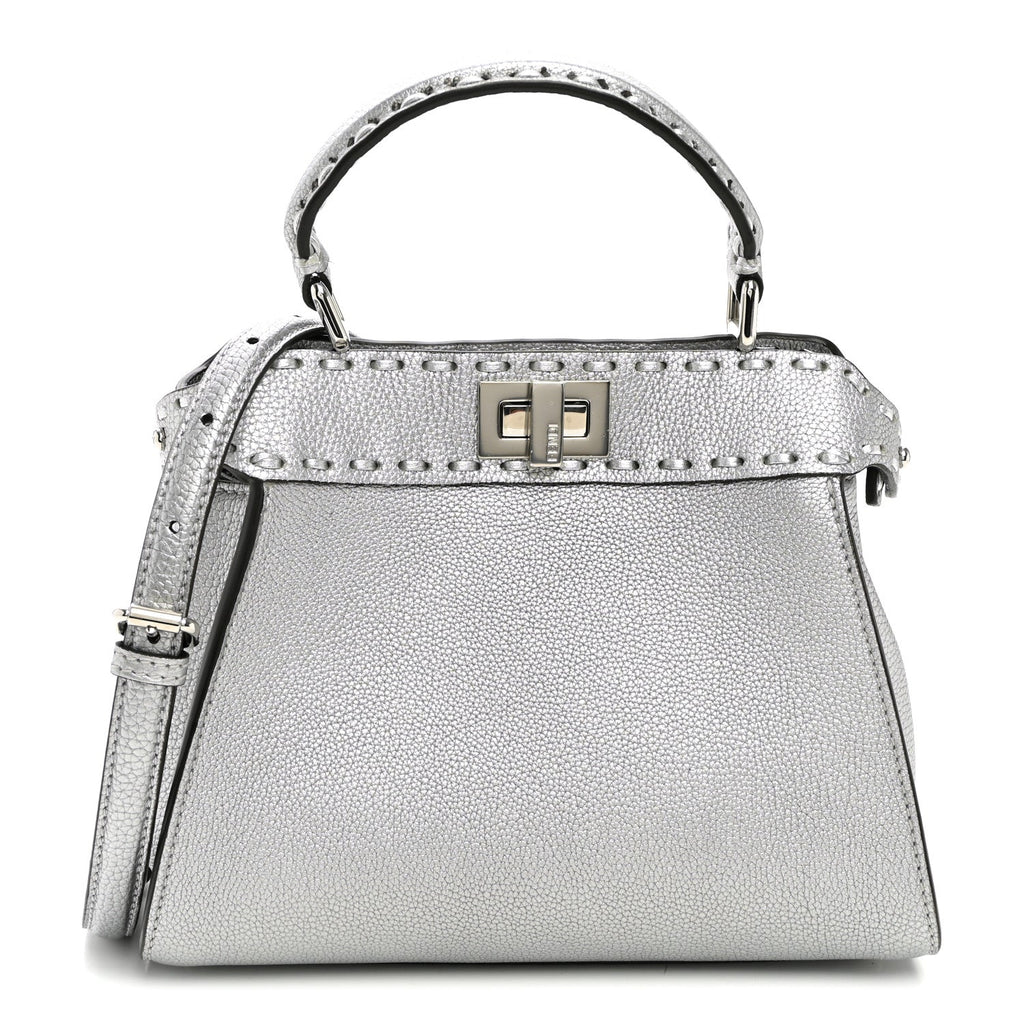 Fendi Cuoio Romano Lux Selleria Mini Peekaboo Iconic Satchel Argento