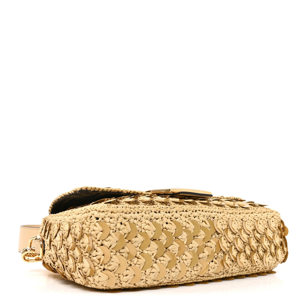 Fendi Sequin Macrame Baguette Beige Gold