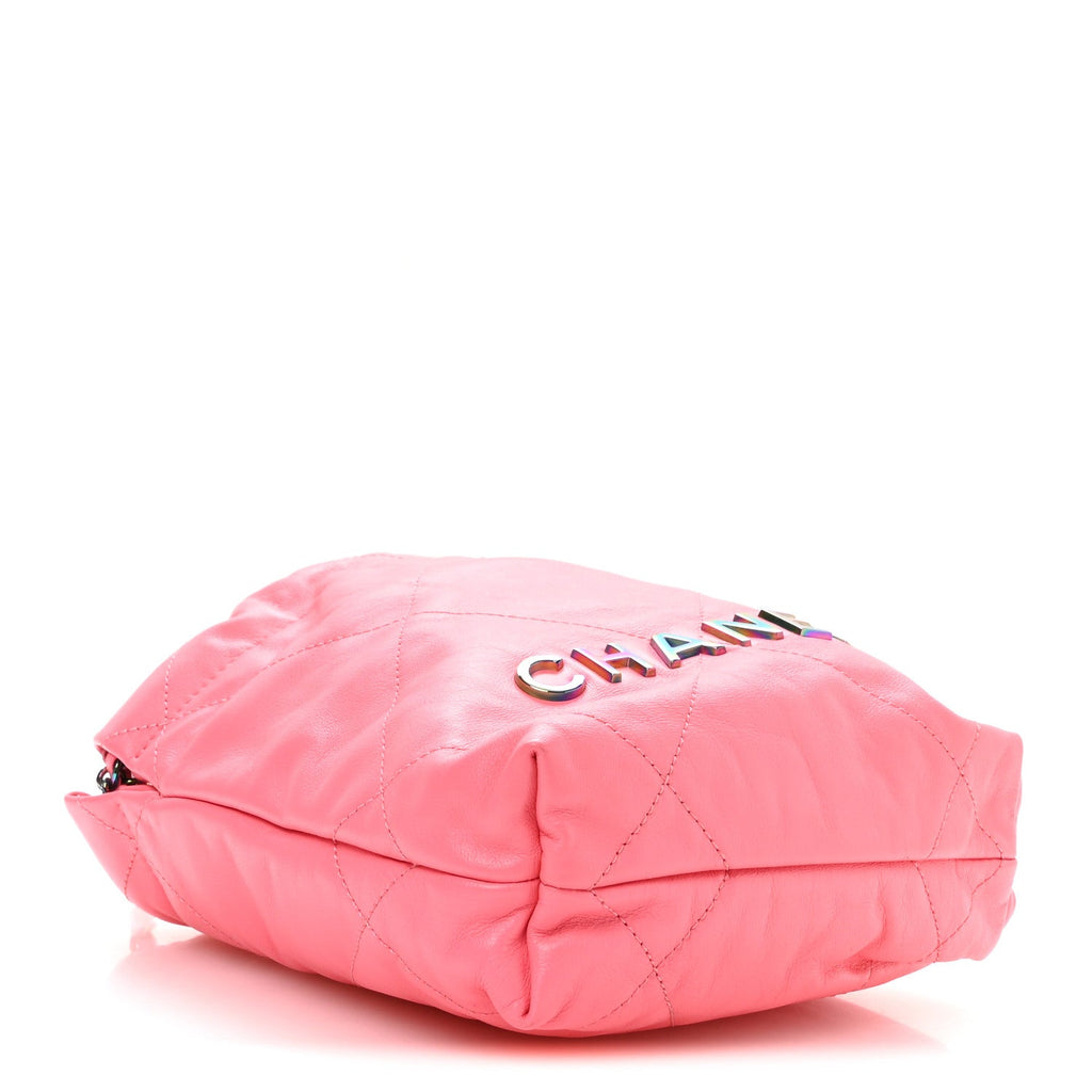 Chanel Shiny Calfskin Quilted Rainbow Metal Mini Chanel 22 Coral Pink