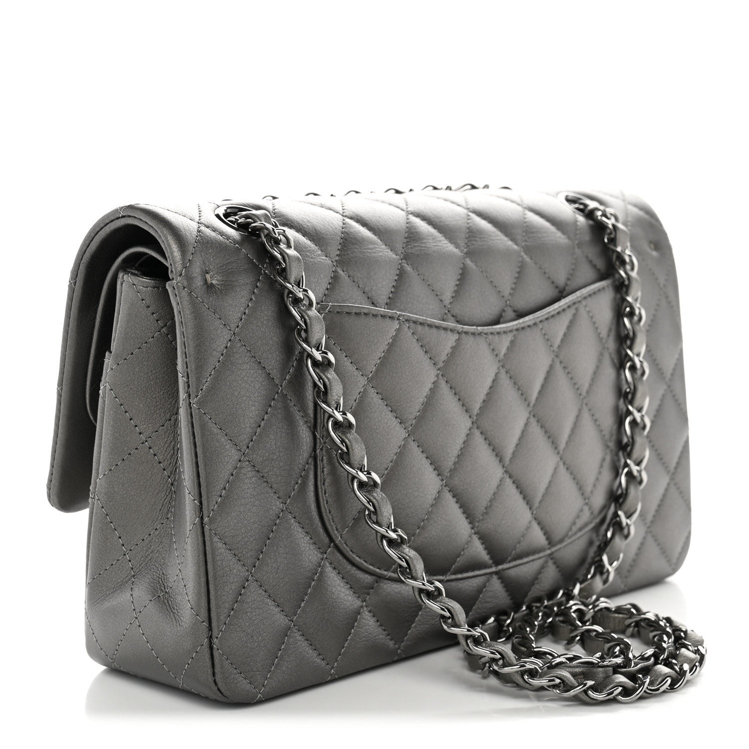 Chanel Metallic Calfskin Quilted Medium Double Flap Ruthenium Ruthenium