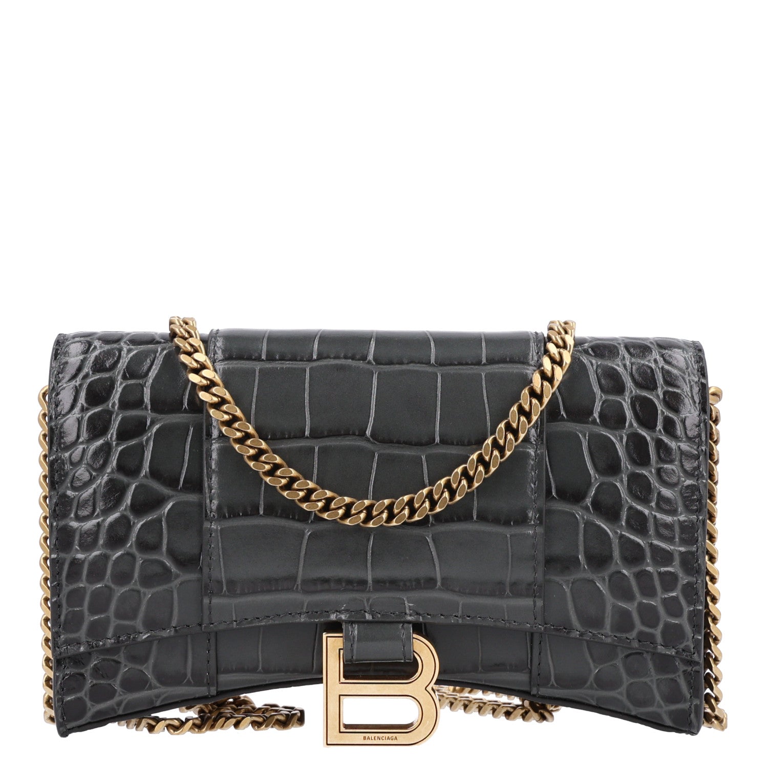 Balenciaga Shiny Calfskin Crocodile Embossed Hourglass Chain Bag Gris