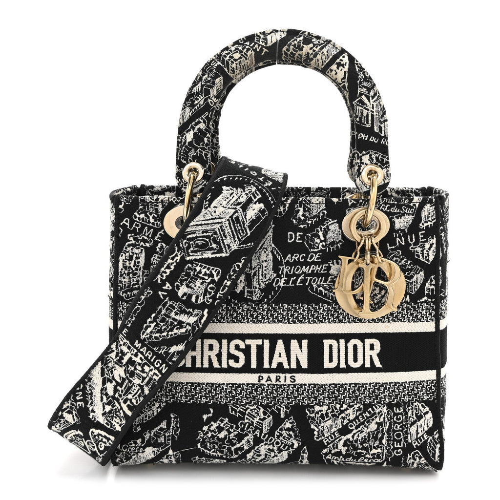 Dior Canvas Embroidered Medium Plan de Paris Lady D-Lite Black White